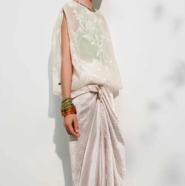 Jacquard Printed Sleeveless Vest with Shoulder Drawstrings