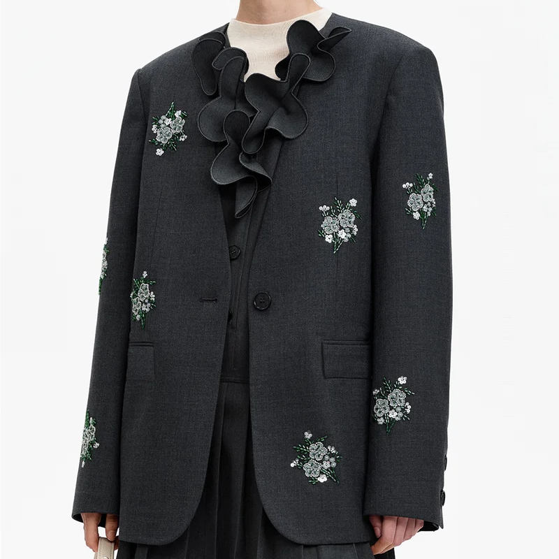 Beaded Floral V-Neck Suit Blazer