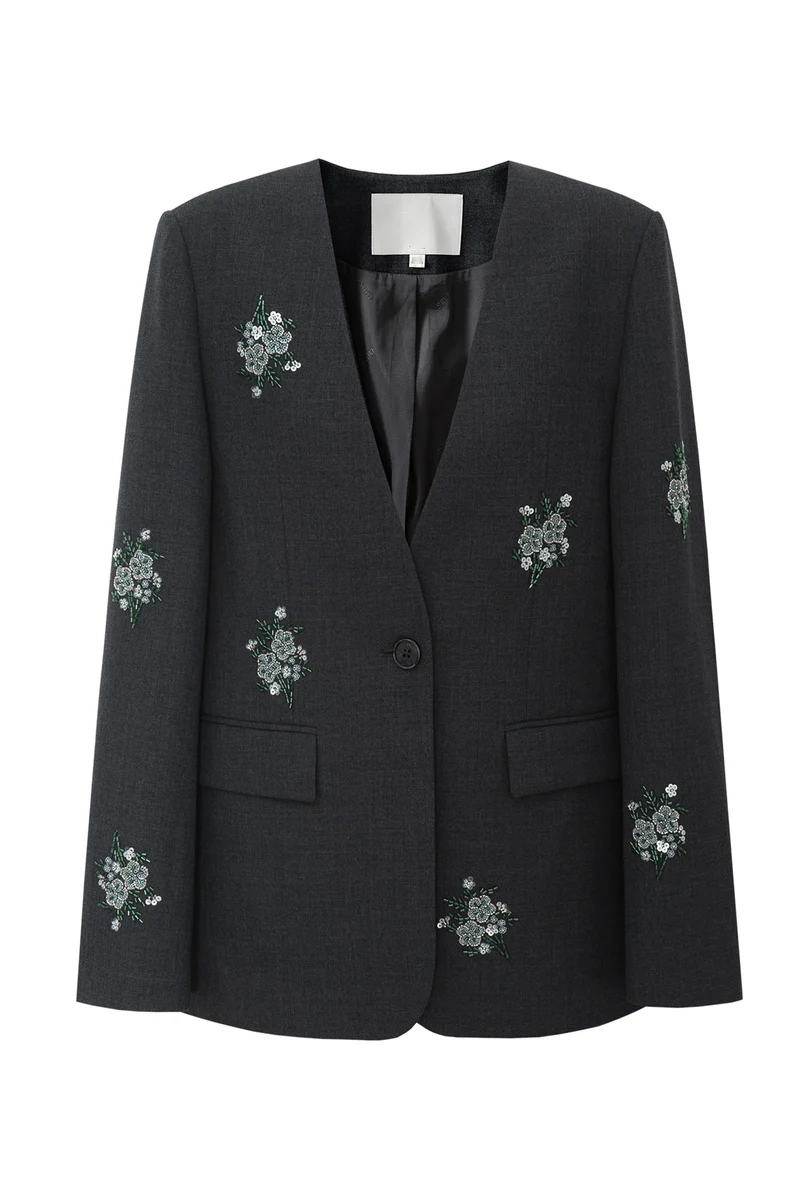Beaded Floral V-Neck Suit Blazer