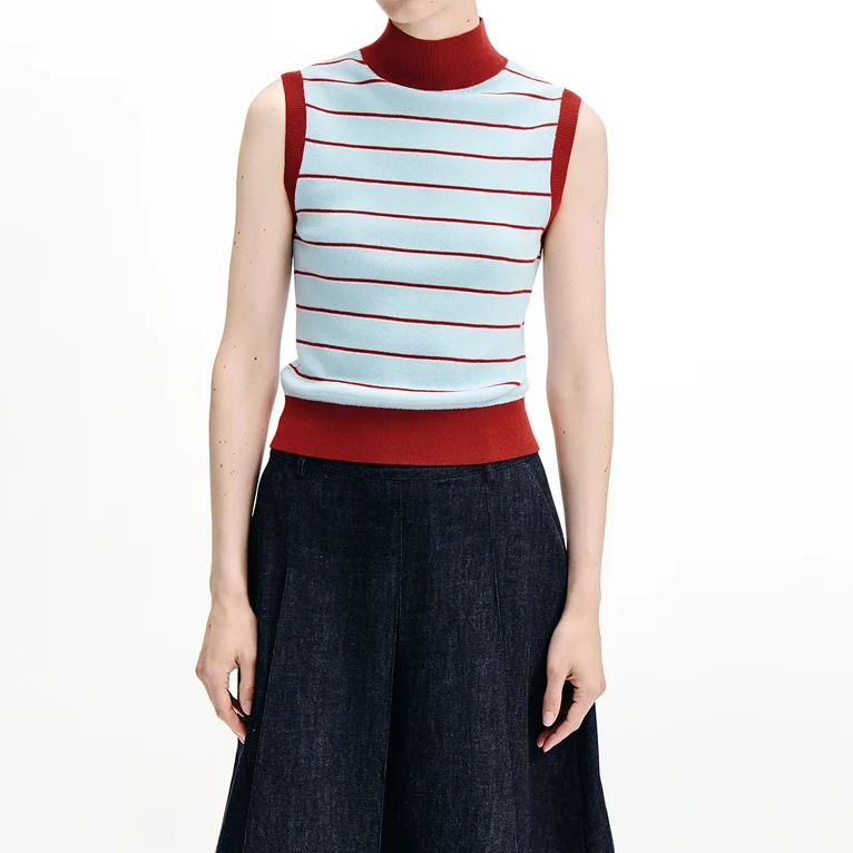 Mock Neck Contrast Striped Knit Sleeveless Top