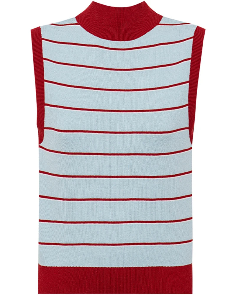 Mock Neck Contrast Striped Knit Sleeveless Top