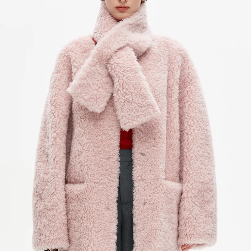 Drop Shoulder Mid-length Fleece Coat with Scarf Collar