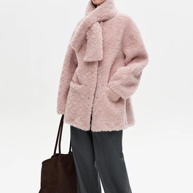 Drop Shoulder Mid-length Fleece Coat with Scarf Collar