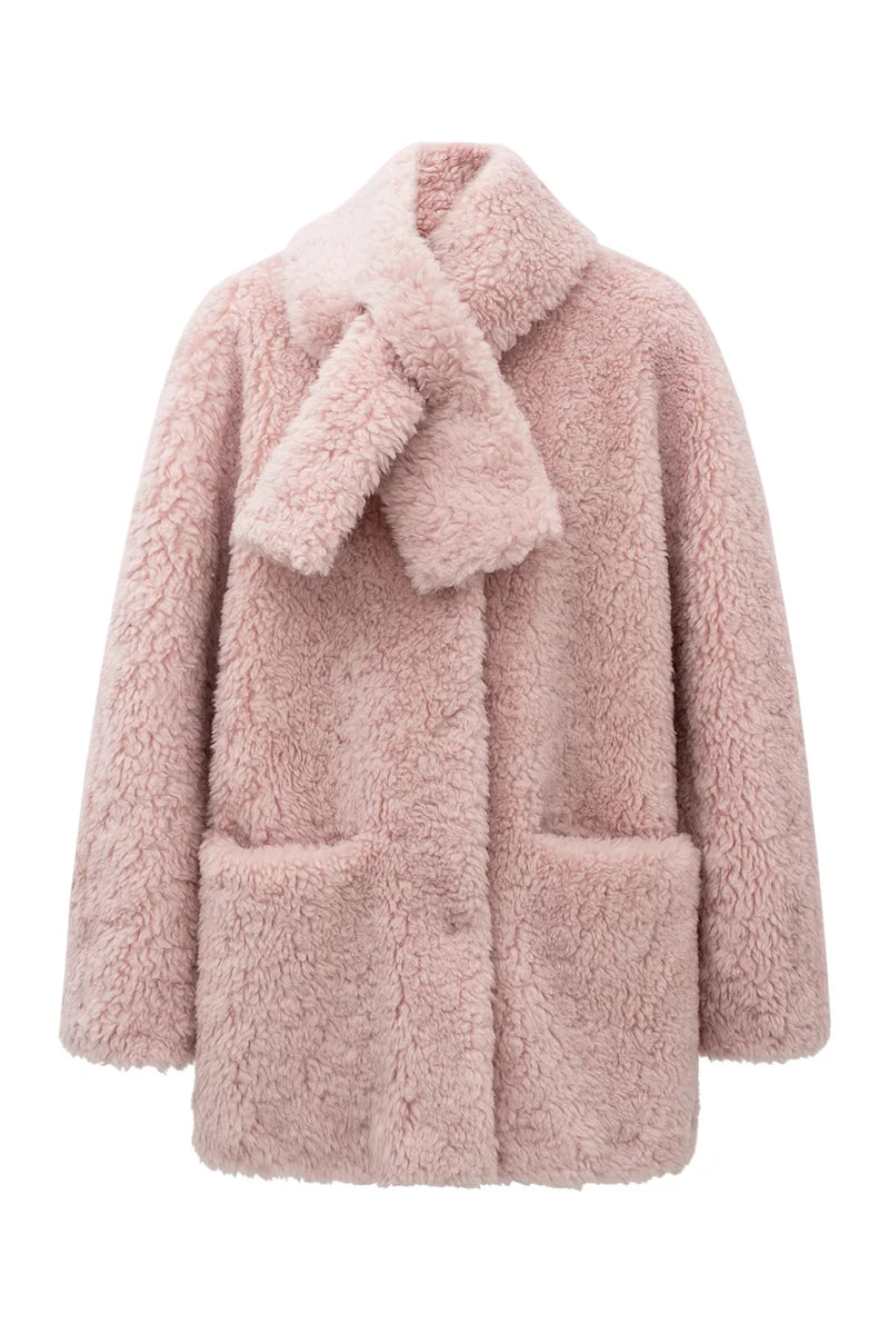Drop Shoulder Mid-length Fleece Coat with Scarf Collar